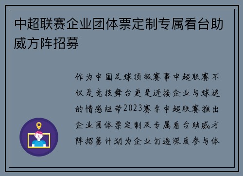中超联赛企业团体票定制专属看台助威方阵招募